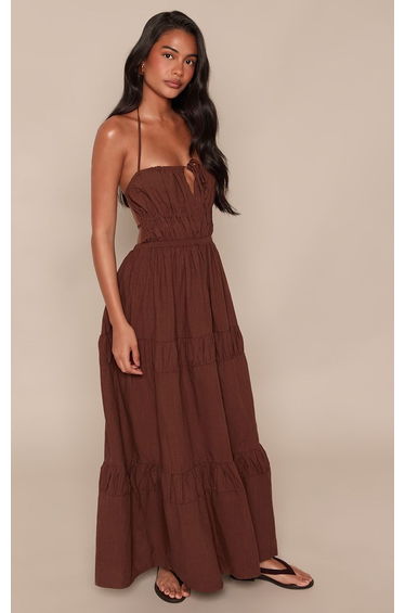Chocolate Ruched Backless Strappy Maxi Dress product thumbnail 3