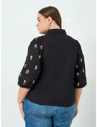 Plus Size Floral Embroidered Cotton Shirt - 4