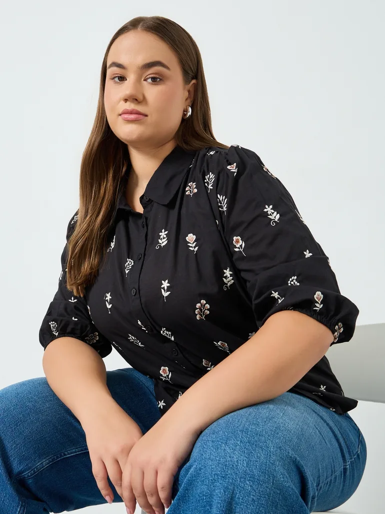 Plus Size Floral Embroidered Cotton Shirt - 1