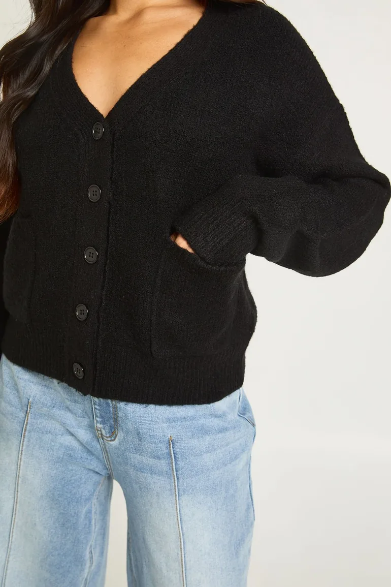 Petite Soft Knit Pocket Detail V Neck Cardigan - black - 2