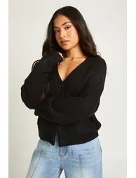 Petite Soft Knit Pocket Detail V Neck Cardigan - black - 3
