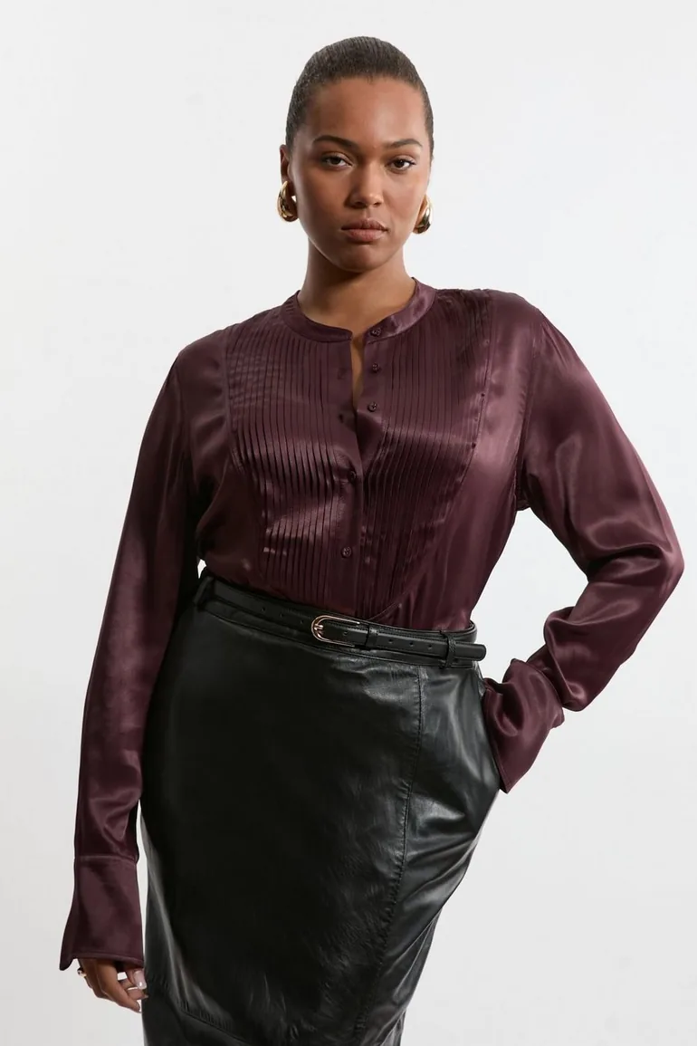 The Founder Plus Size Satin Pintuck Woven Blouse - 3