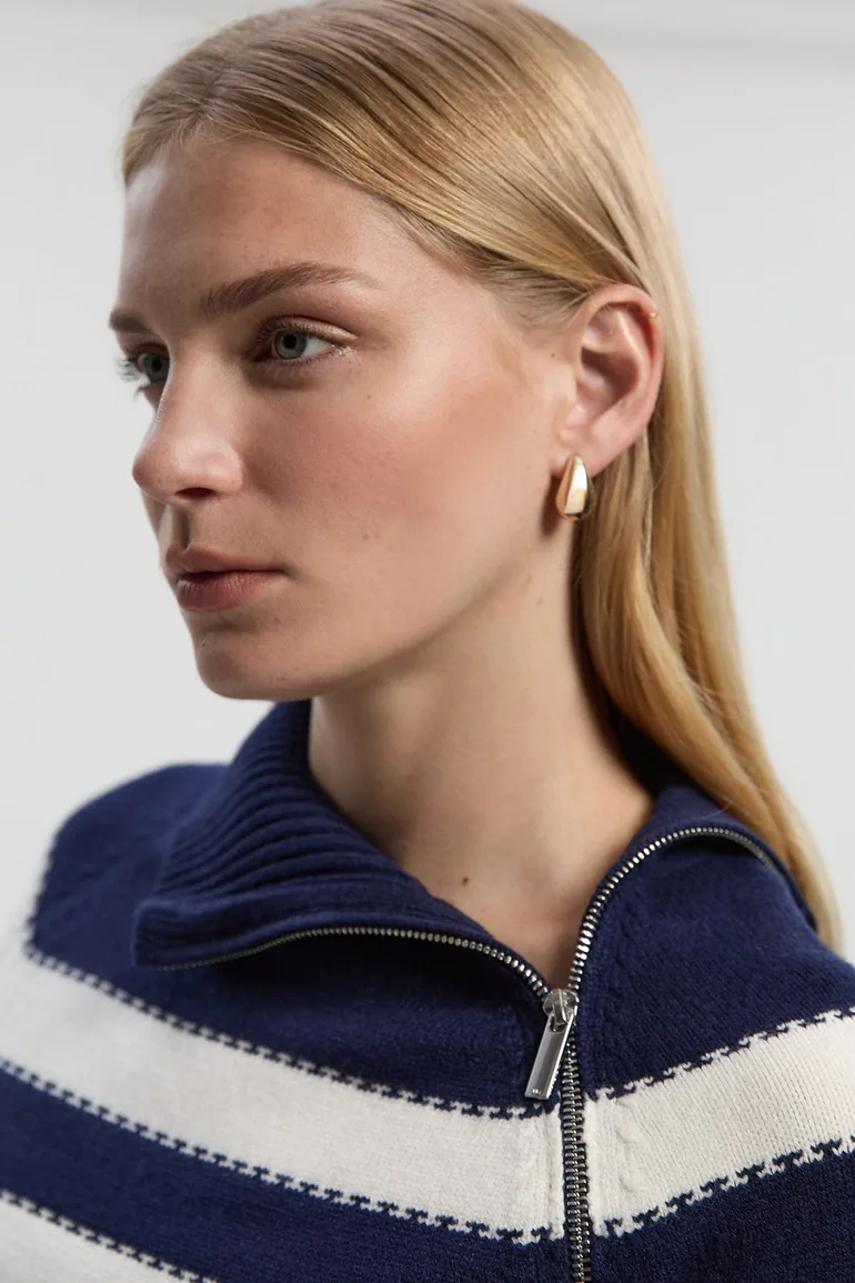 Stripe Zip Through Funnel Neck Knit Jumper - 2