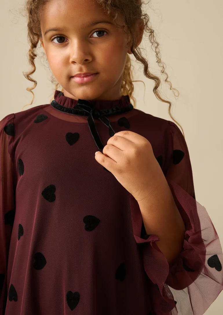 Neve Flocked Heart Mesh Dress - Burgundy - 1