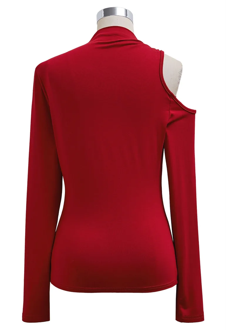 Asymmetrical Ring Detail One-Shoulder Fitted Top in Red - 6