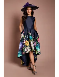 Lisa Tan Cowl Structured Satin Placement Print Midi Dress