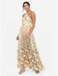 Maya Floral Embroidered Halter Neck Maxi Dress