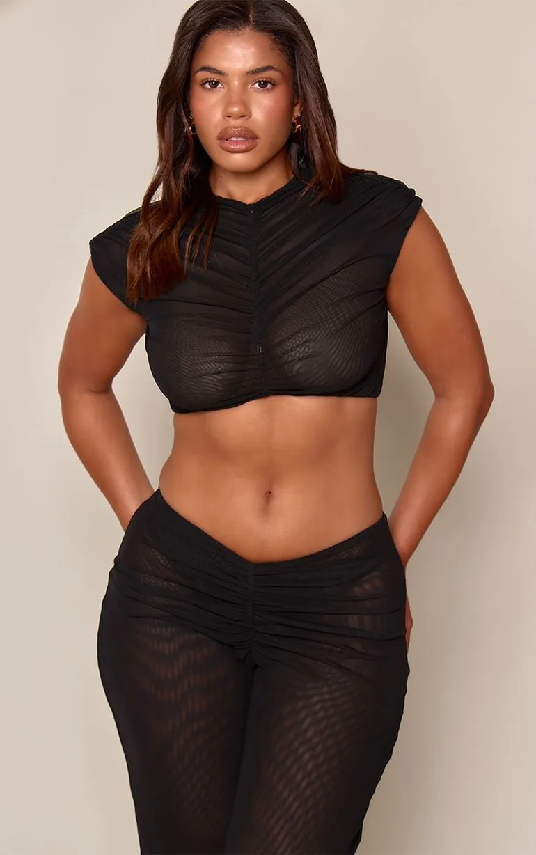 Shape Black Mesh Ruched Bust High Neck Top Co-ord - 1