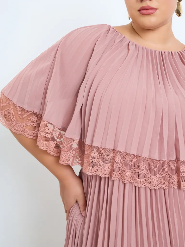 Plus Size Pink A-Line Maxi Dress with Lace Cape - 2