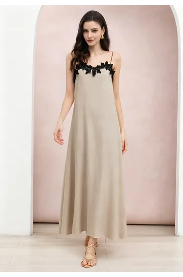 Contrast Lace Applique Cami Maxi Dress in Khaki for Coastal Getaways & Outdoor Brunches