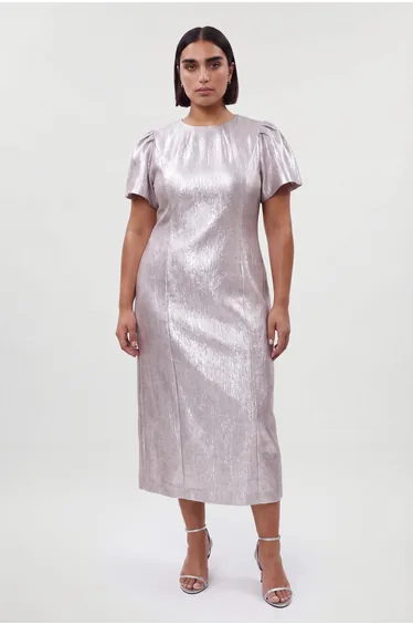 Plus Size Puff Sleeve Metallic Textured Midi Dress