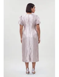 Plus Size Puff Sleeve Metallic Textured Midi Dress - 1