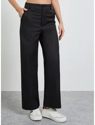 Black Solid High Rise Straight Pants - 1