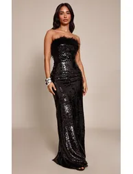 Petite Black Sequin Feather Detail Maxi Dress