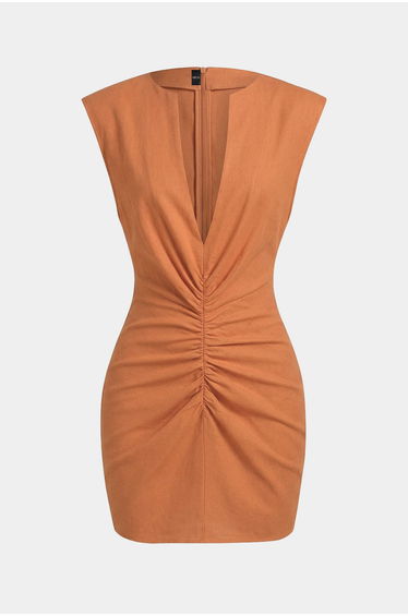 V-Neck Linen Ruched Zipper Sleeveless Mini Dress