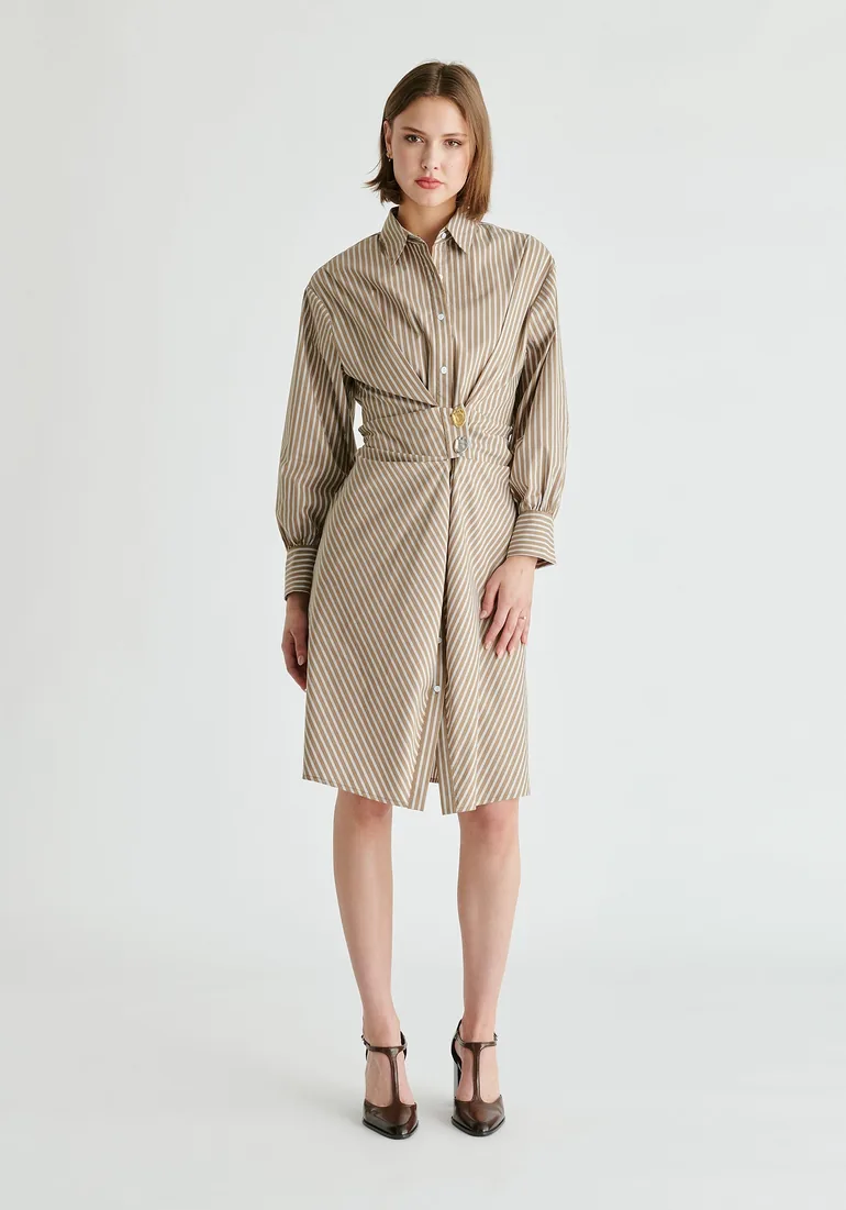 Asymmetric Striped Shirt Dress with Button Detail