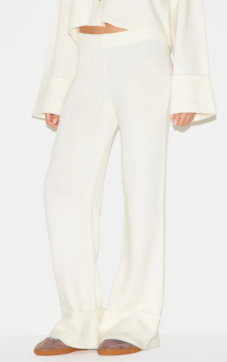 Cream Turn Up Hem Knit Trousers - 1