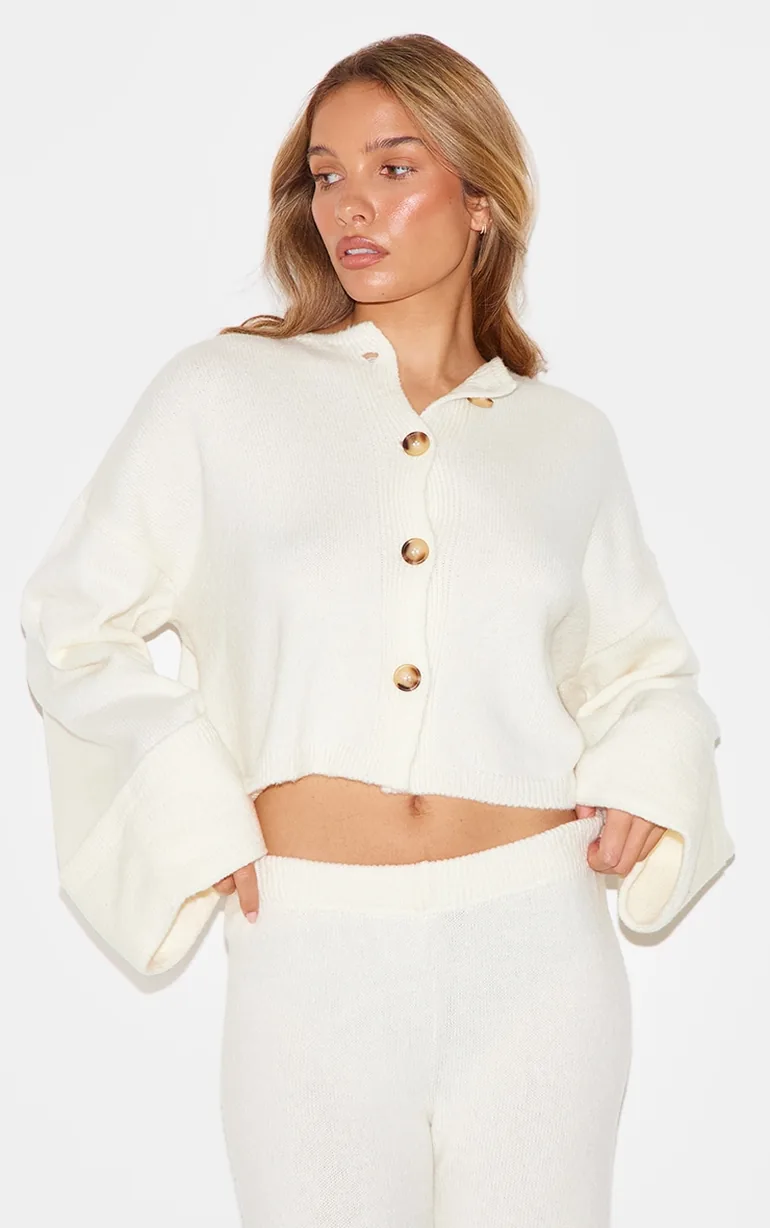 Cream Turn Up Hem Knit Trousers - 3