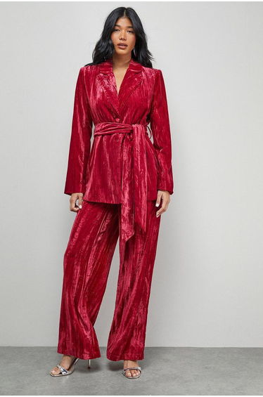 Crushed Velvet Tie Waist Blazer Co-ord