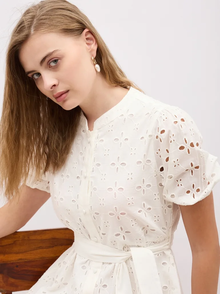 Schiffli Puff Sleeves Belted Shirt Midi Dress - 3