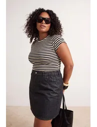 Anthracite Elastic Waist Shiny/Silvery Fabric 100% Cotton Non-Stretch Denim Skirt - 4