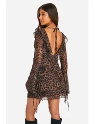 Leopard Chiffon Ruffle Dress - brown - 2