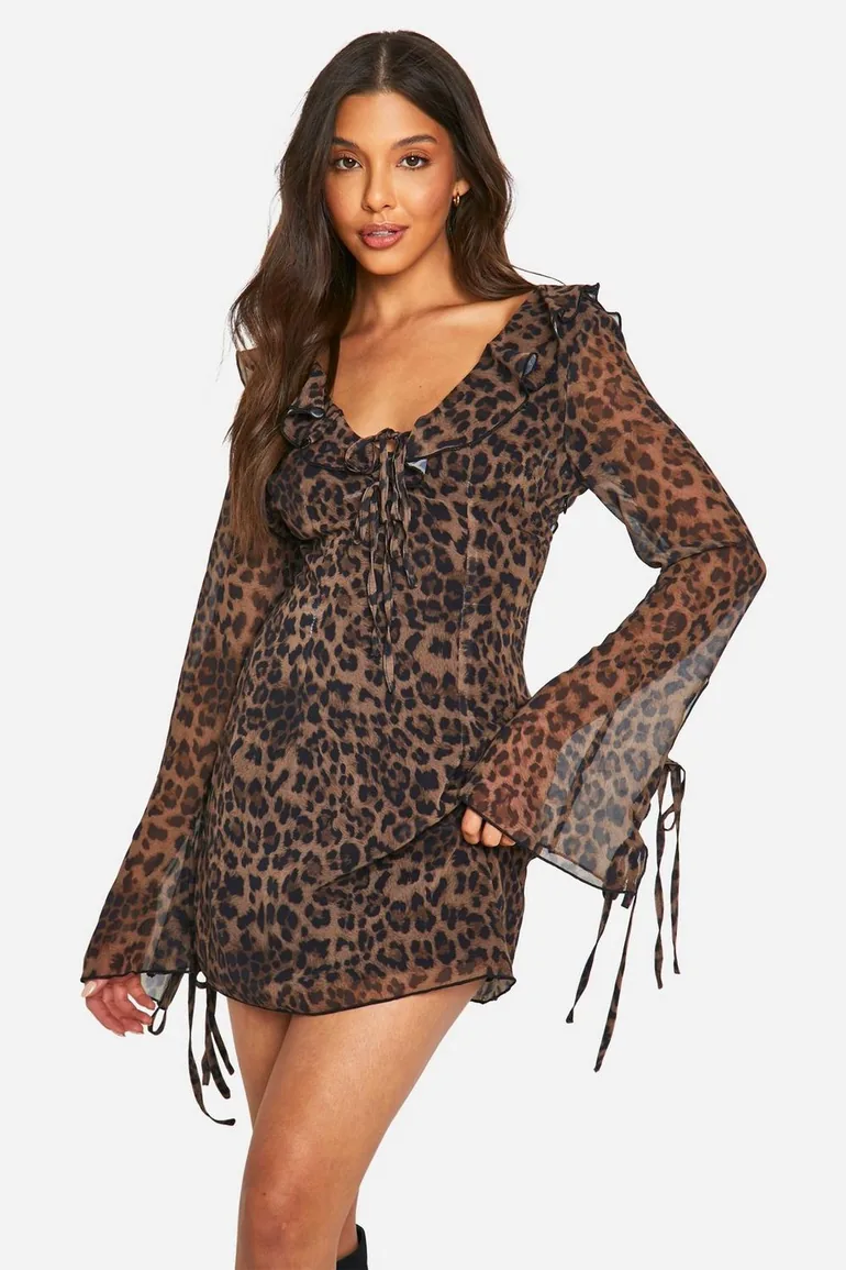 Leopard Chiffon Ruffle Dress - brown - 1
