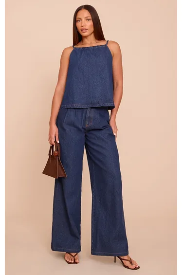 Tall Indigo Pleated Wide Leg Jeans