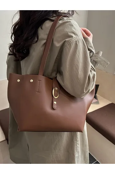 Coffee Brown Shoulder Bag with Buckle Detail