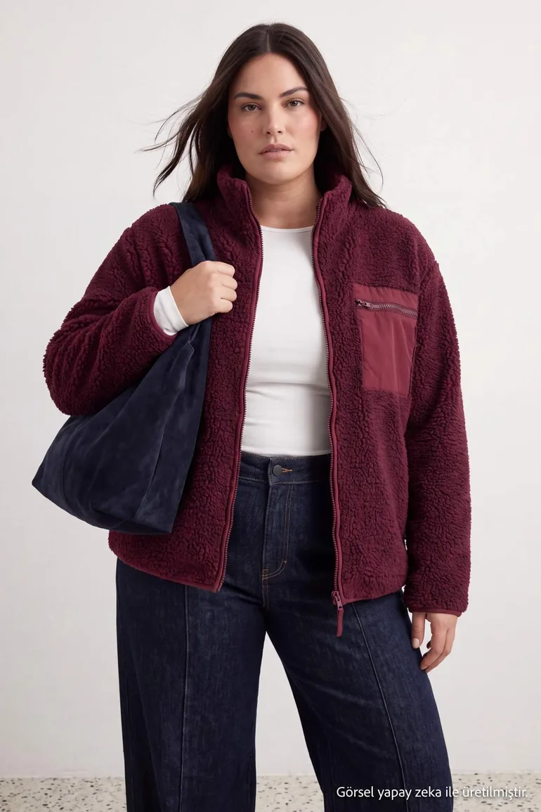 Winter Essentials Plum Thick Fleece Zippered High Collar Pocket Knitted Sweatshirt - 7