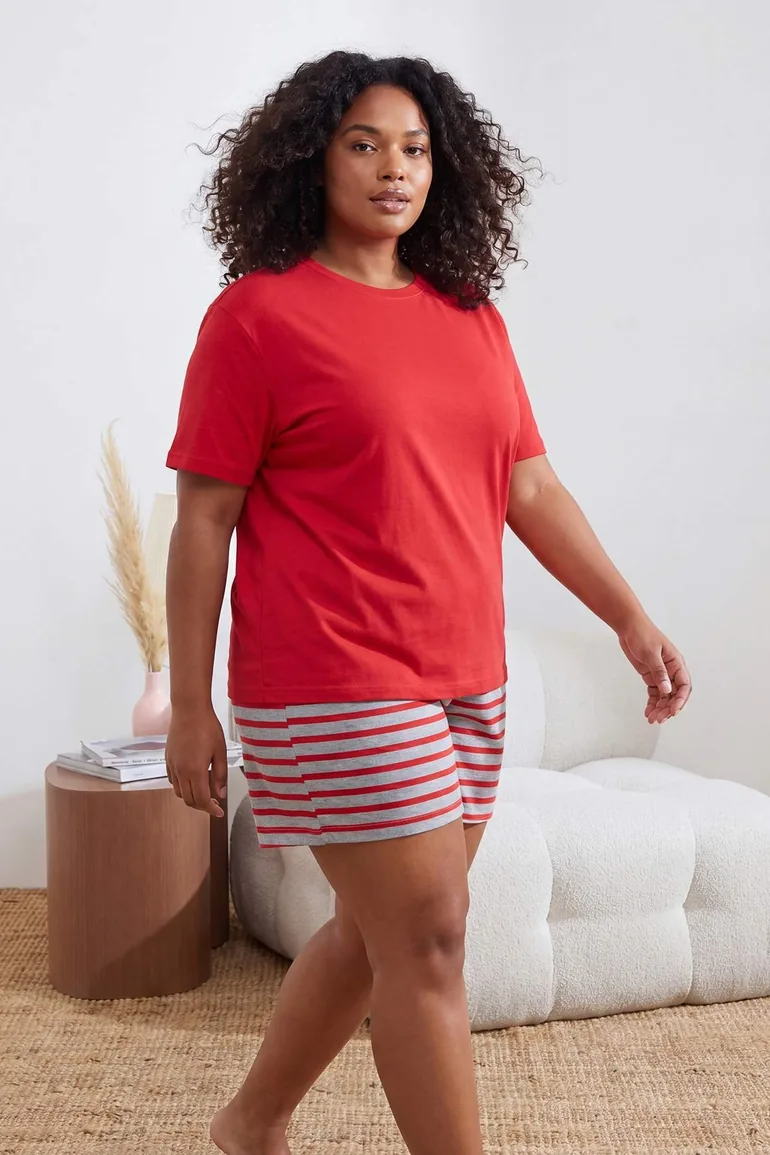 Red-Multicolor Striped Crew Neck Knitted Large Size Pajama Set - 1