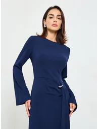Navy Blue Solid Midi Dress with Long Sleeves and Ruffle Detail - 1