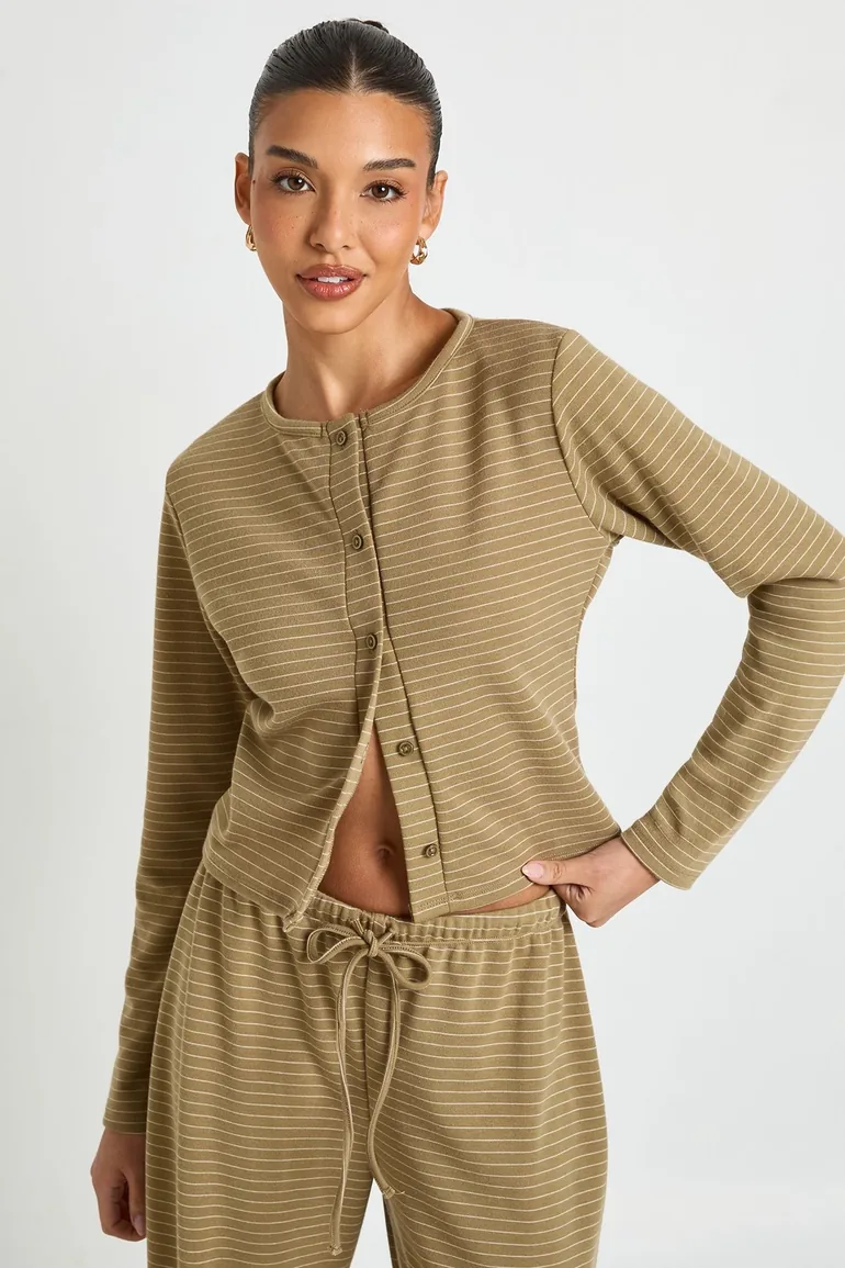 Stripe Button Through Long Sleeve Top - olive - 1