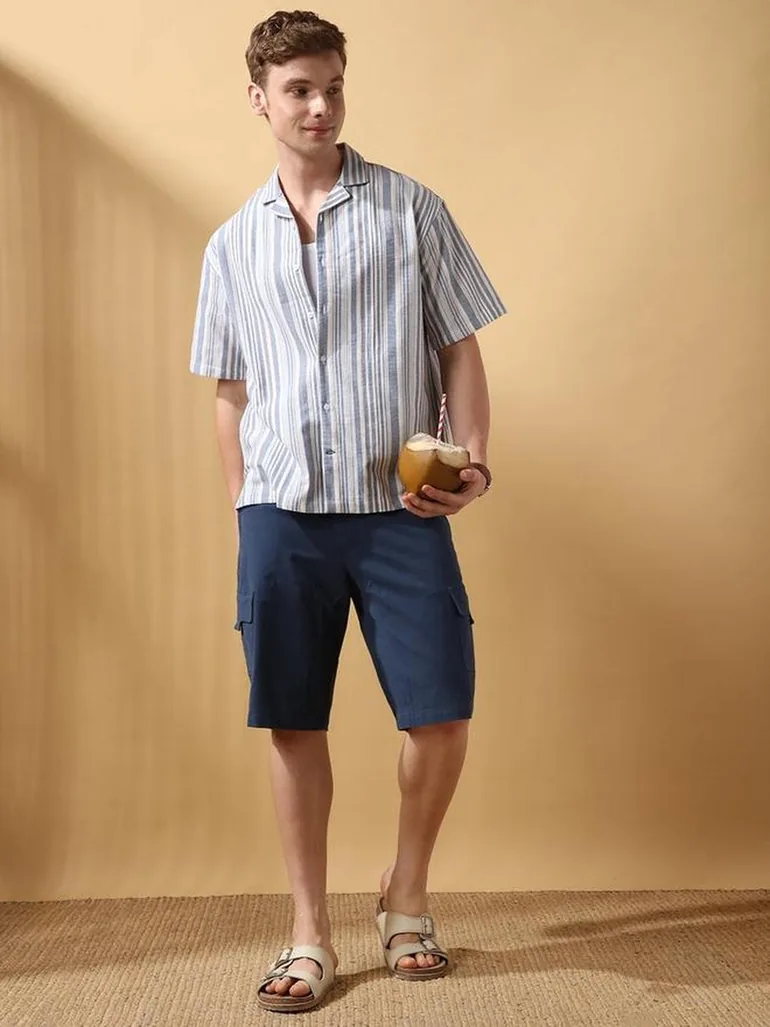 Men Blue Striped Resort Collar Shirt - 4