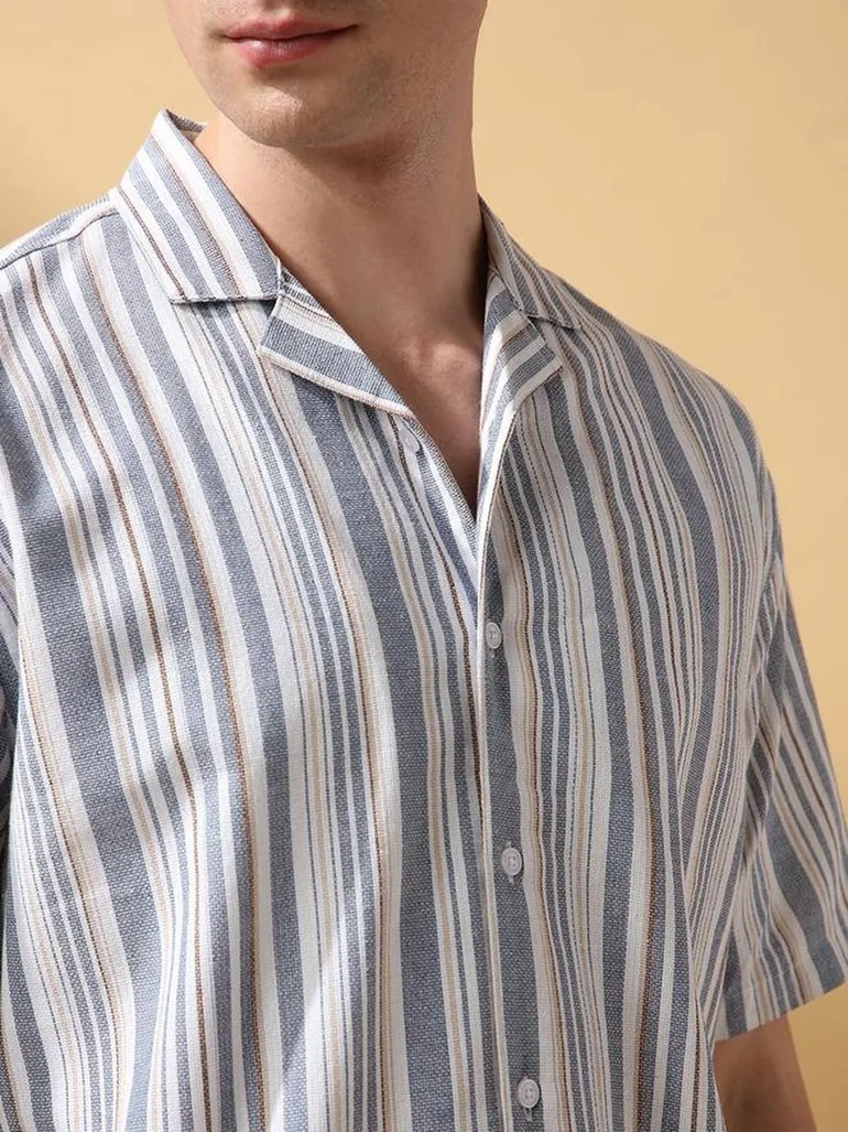 Men Blue Striped Resort Collar Shirt - 3