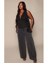 Plus Black Corset Style Chiffon Plunge Top - 2
