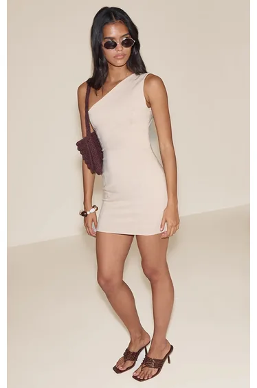 Stone Stretch Woven One Shoulder Bodycon Mini Dress