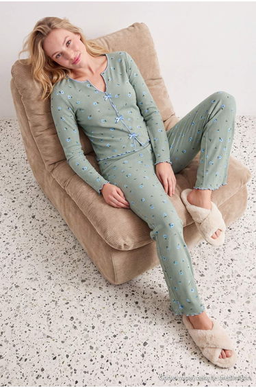 Green 100% Cotton Floral Ribbon/Bowknot Pointel Knitted Pajama Set product thumbnail 3