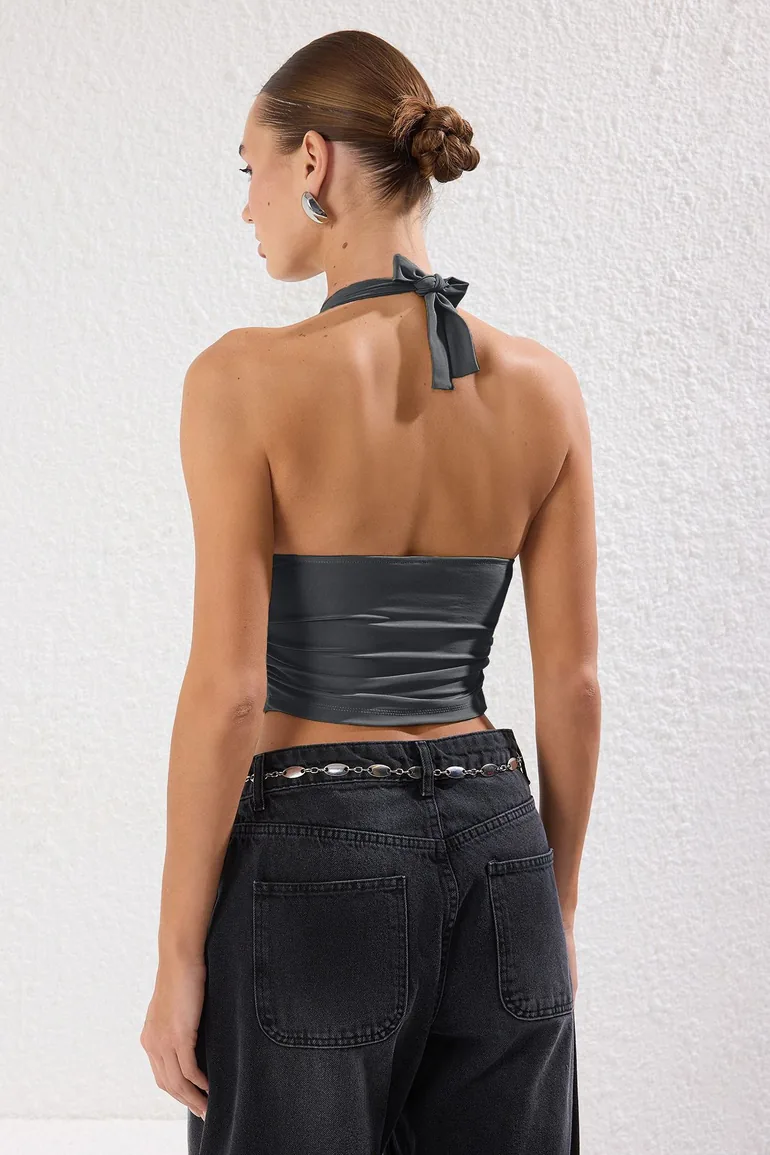 Anthracite Printed Halter Neck Fitted Crop Flexible Knit Blouse - 3