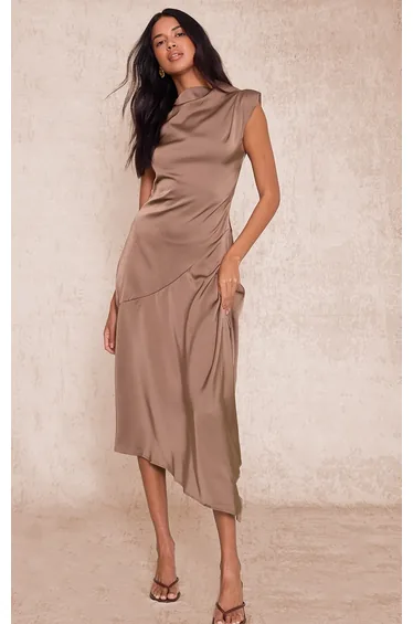 Taupe Satin High Neck Midaxi Dress