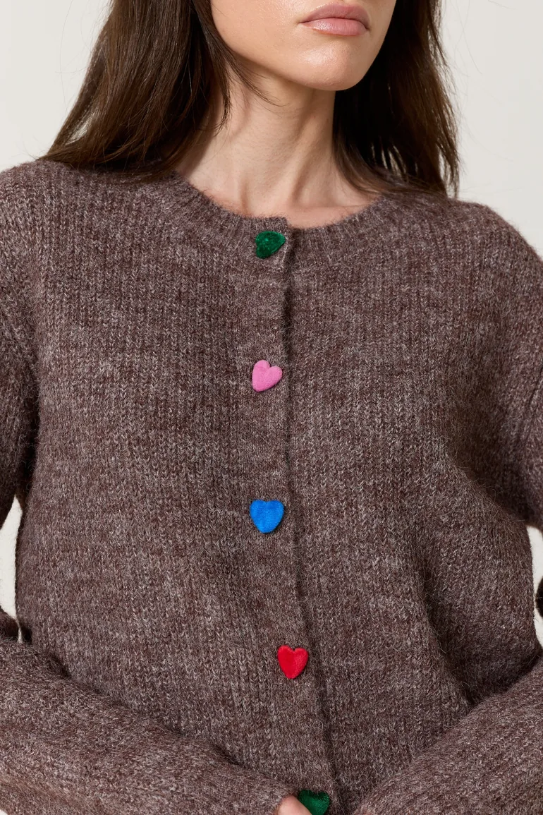 Brown Heart Button Wool Blend Cardigan - 5