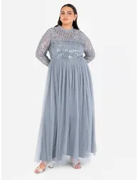 Maya Dusty Blue Linear Embellished Long Sleeve Maxi Dress - 5