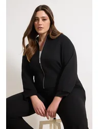 Black Thin Soft Comfortable Flowy Fabric Front Zipper Plus Size Tracksuit Set - 3