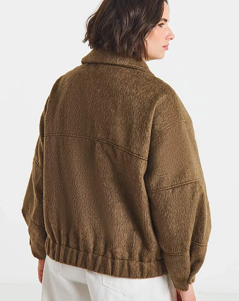 Neutral Faux Wool Seamed Bomber Jacket - 2