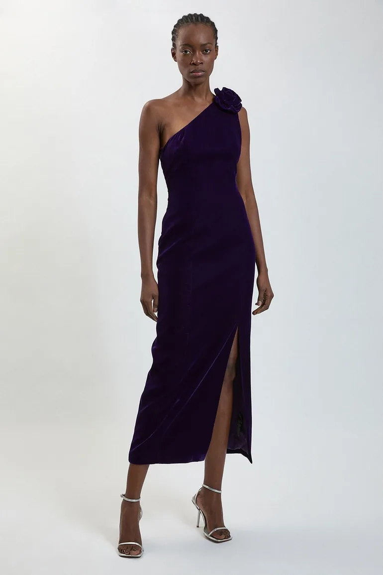 Petite Rosette Detail Velvet Midi Dress