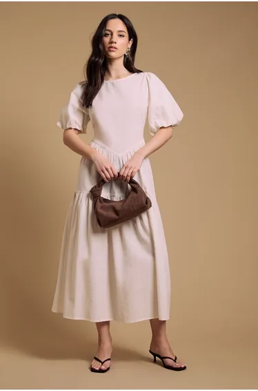 Puff Sleeve Cotton Midi Dress
