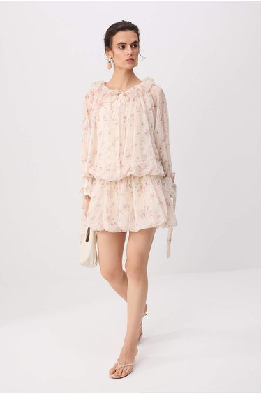 Cream Boho Mini Floral Balloon Skirt Woven Dress