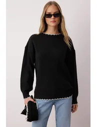 Black Soft Texture Wide Pattern Shawl Accessory Knitwear Sweater - 2
