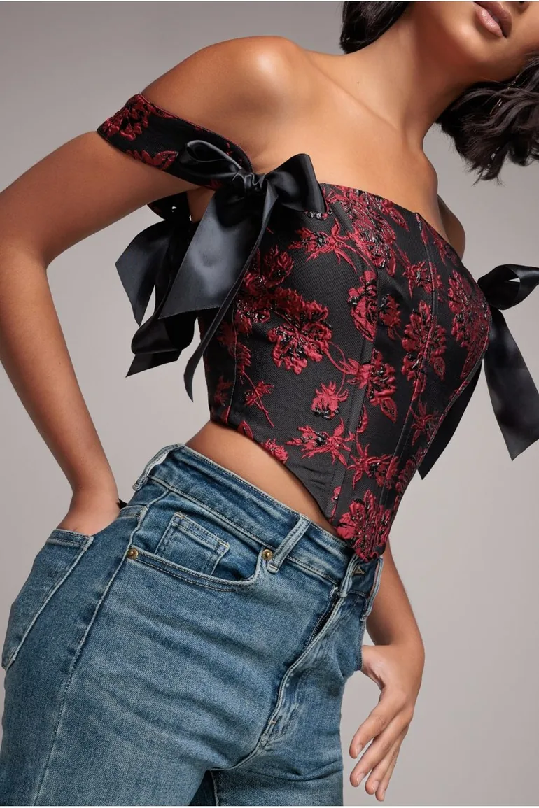 Jacquard Multiway Removable Strap Corset - Black by Goddiva - 2