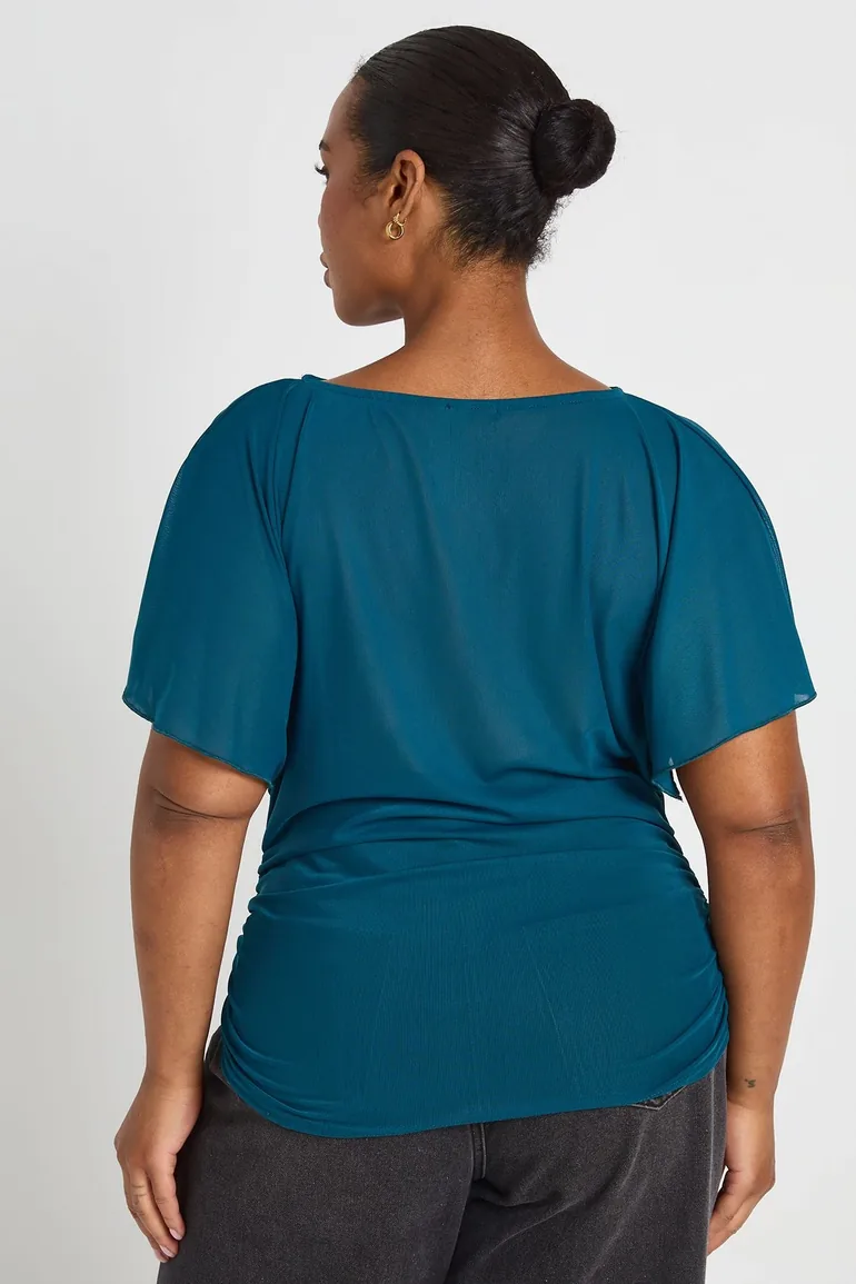 Plus Power Mesh Ruched Waist Floaty Top - teal - 2